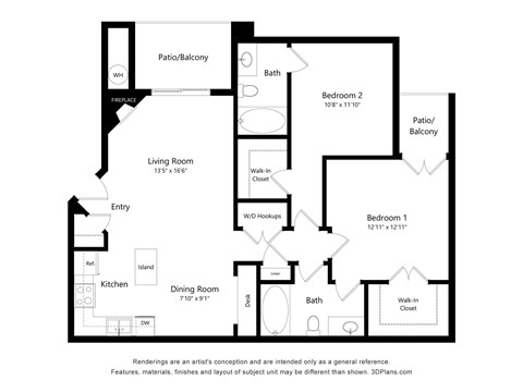 Floor plan for 2 beds, 2 baths, 1077 sqft